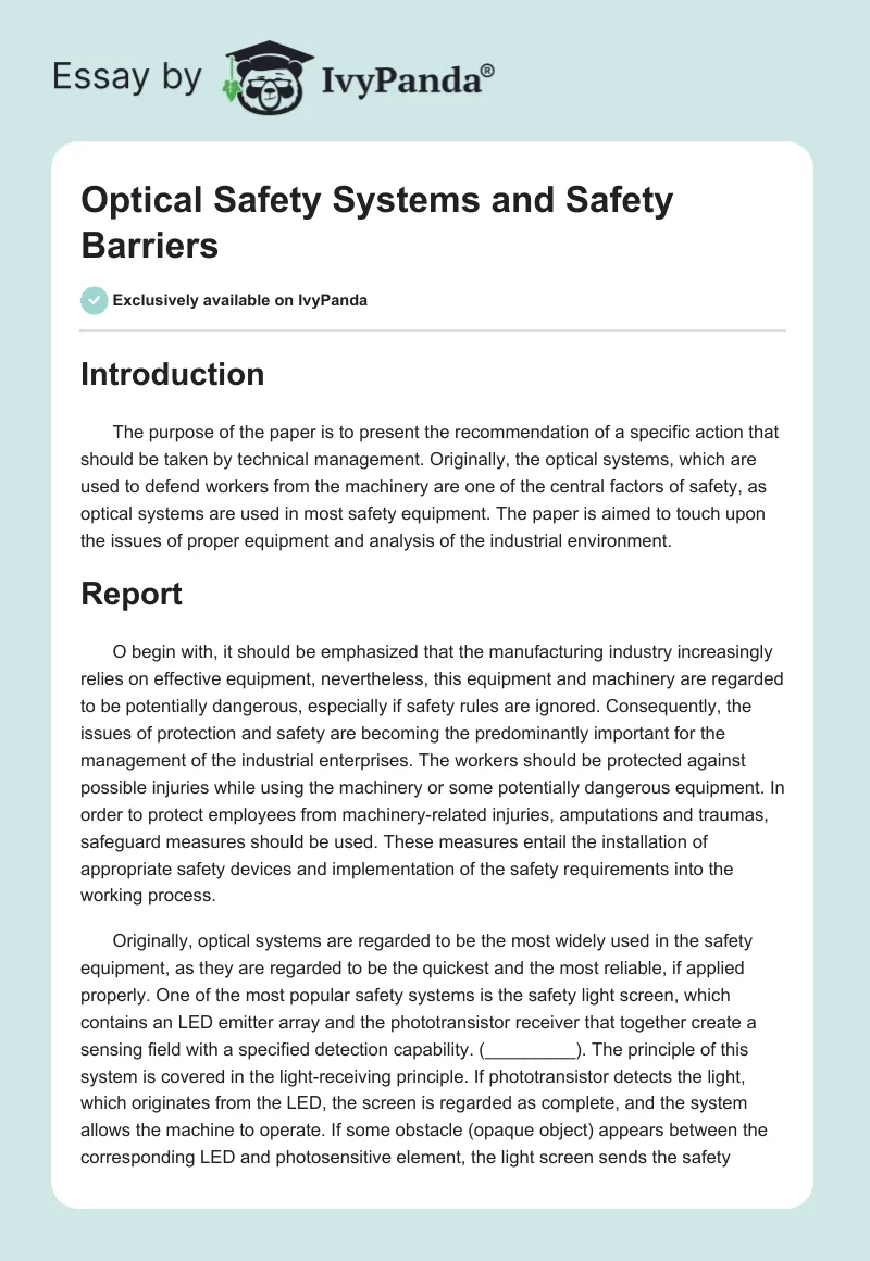 Optical Safety Systems and Safety Barriers. Page 1