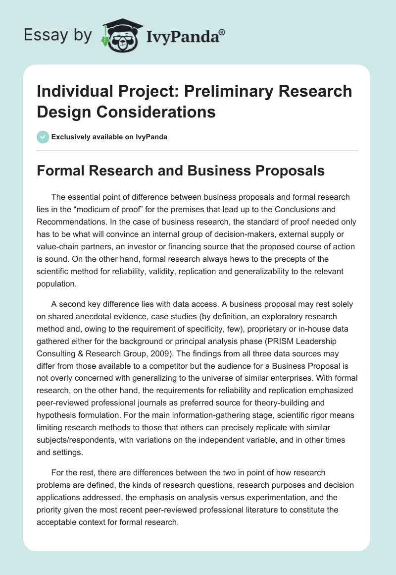 Individual Project: Preliminary Research Design Considerations. Page 1