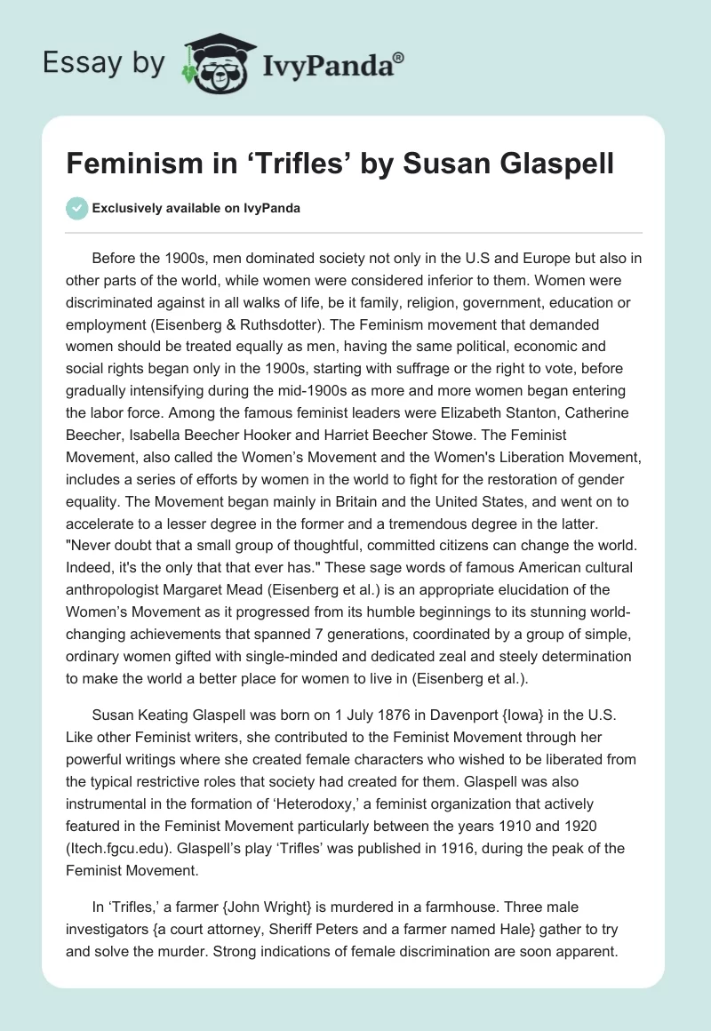 Feminism in ‘Trifles’ by Susan Glaspell. Page 1