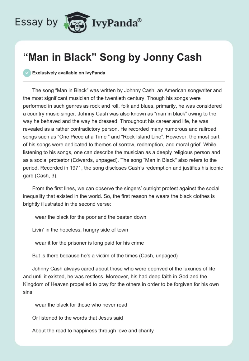 “Man in Black” Song by Jonny Cash. Page 1