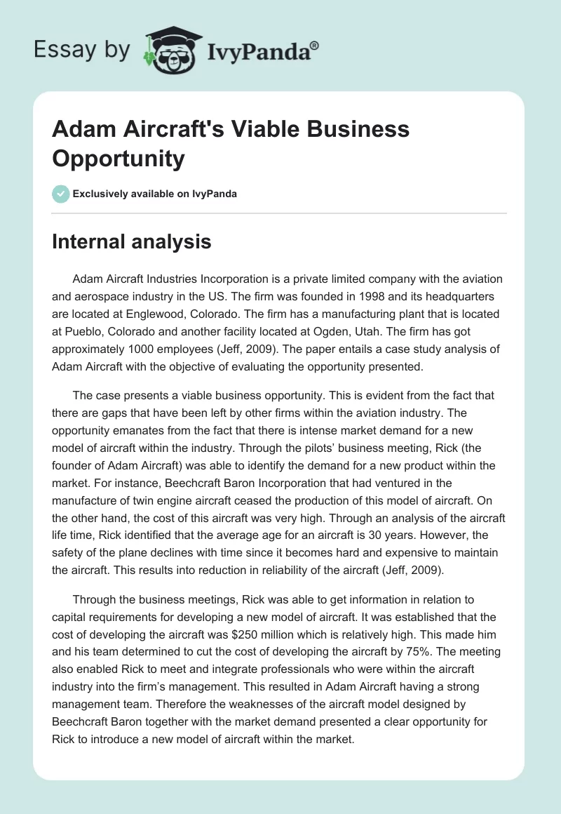 Adam Aircraft's Viable Business Opportunity. Page 1