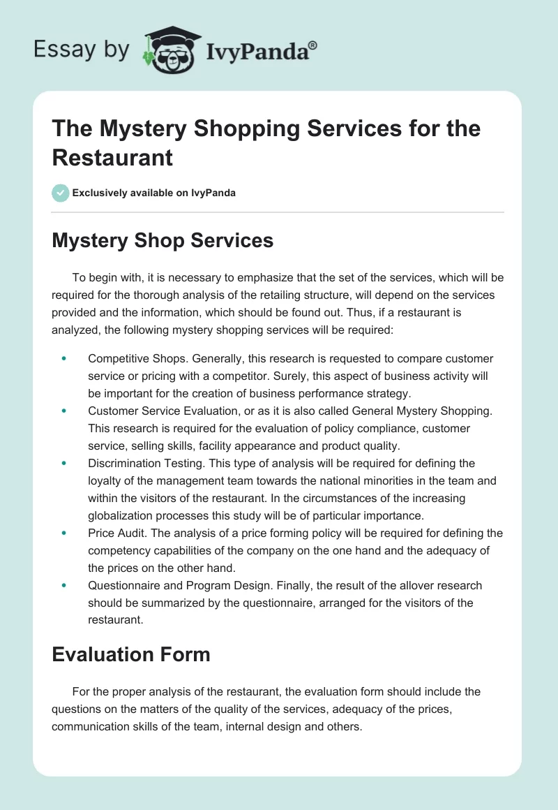 The Mystery Shopping Services for the Restaurant. Page 1
