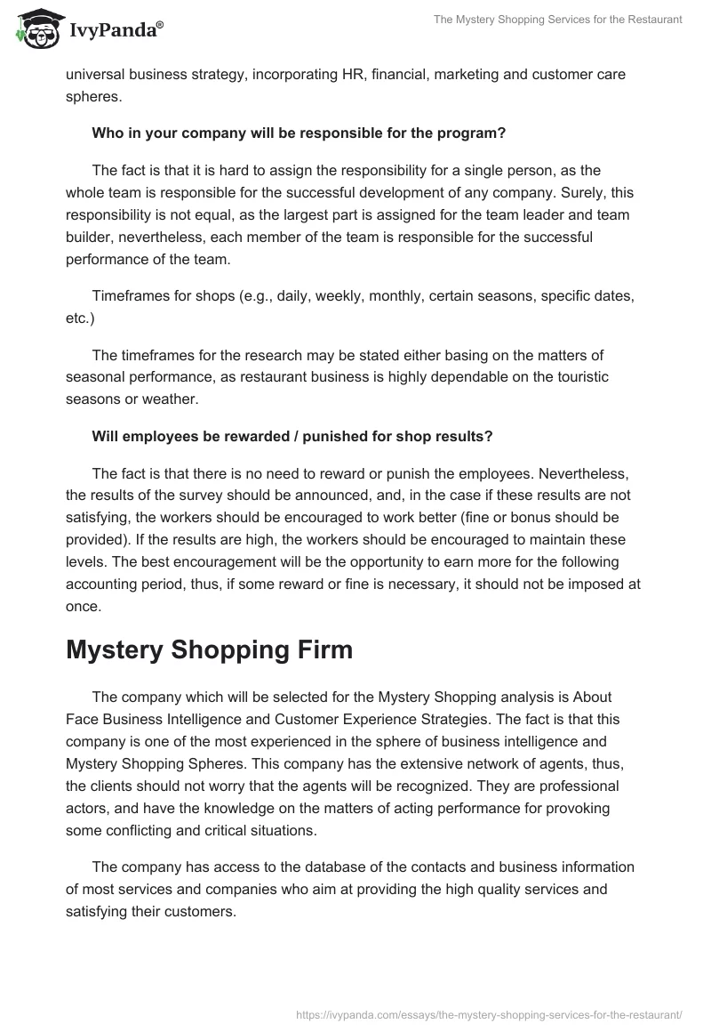 The Mystery Shopping Services for the Restaurant. Page 3