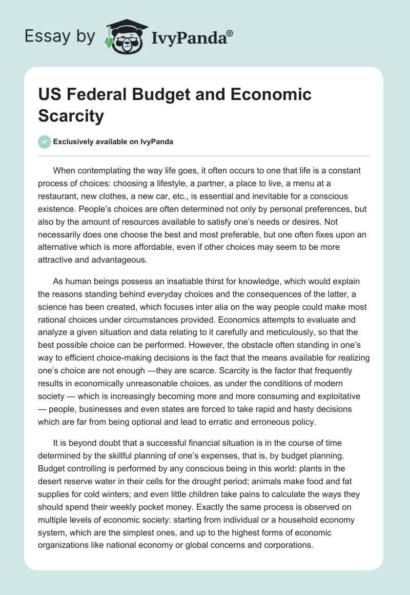 US Federal Budget and Economic Scarcity. Page 1