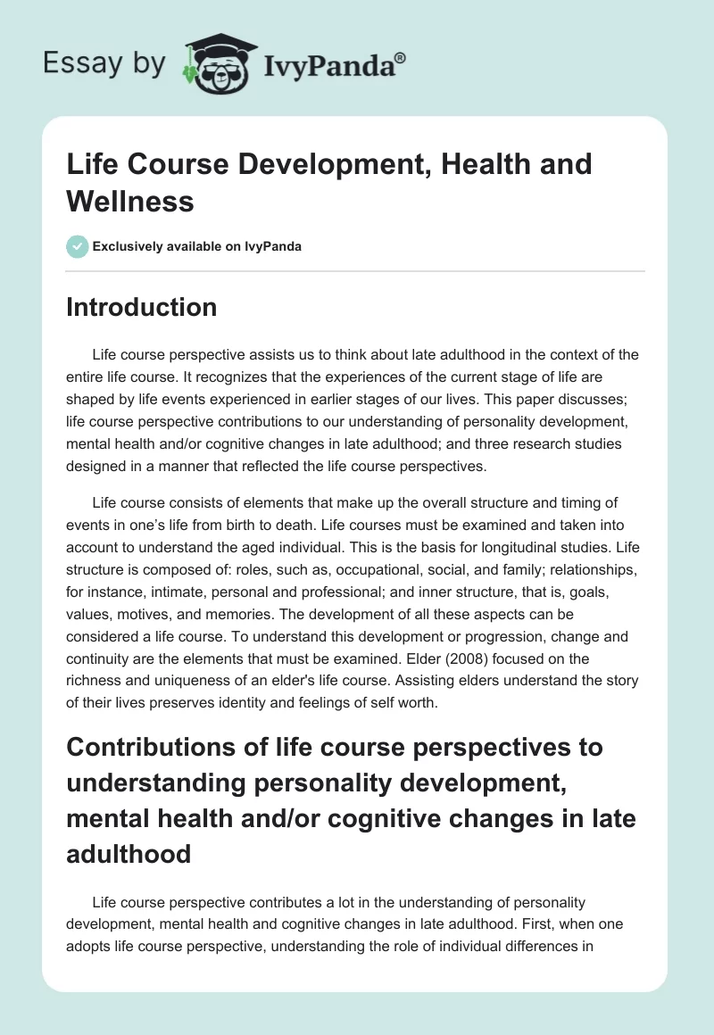 Life Course Development, Health and Wellness. Page 1