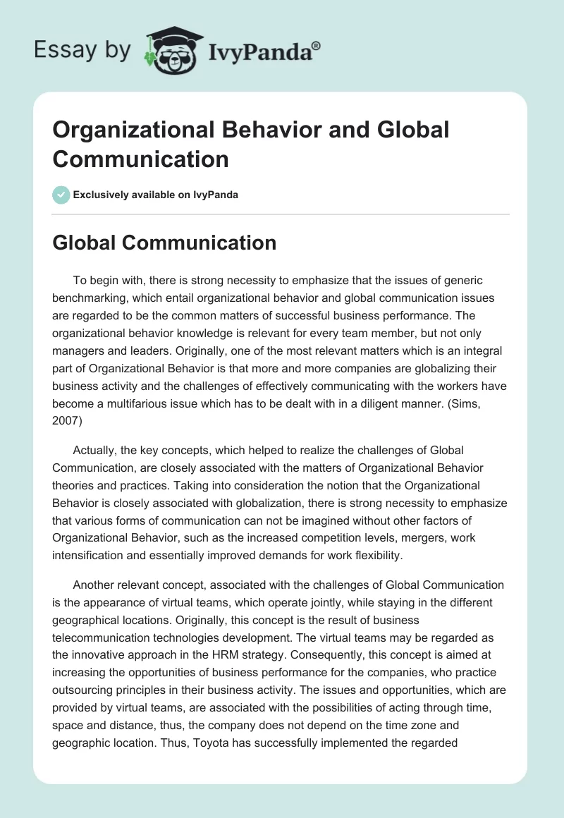 Organizational Behavior and Global Communication. Page 1