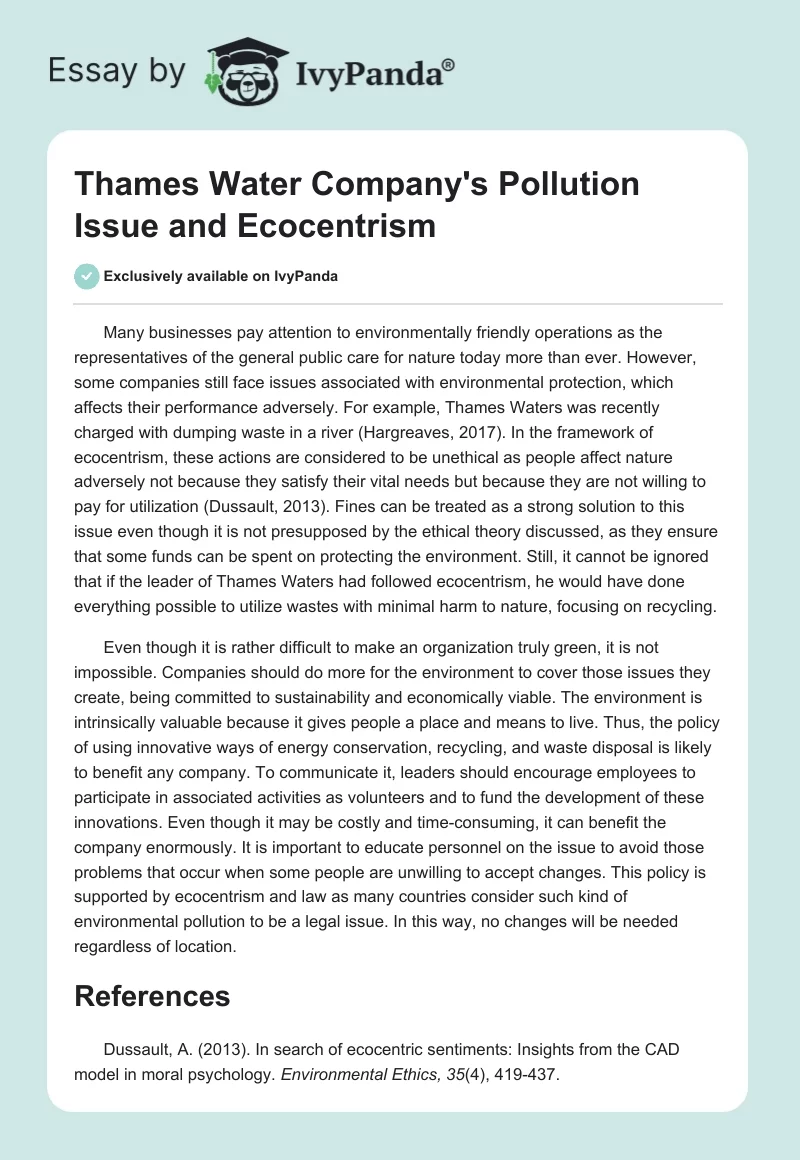 Thames Water Company's Pollution Issue and Ecocentrism. Page 1