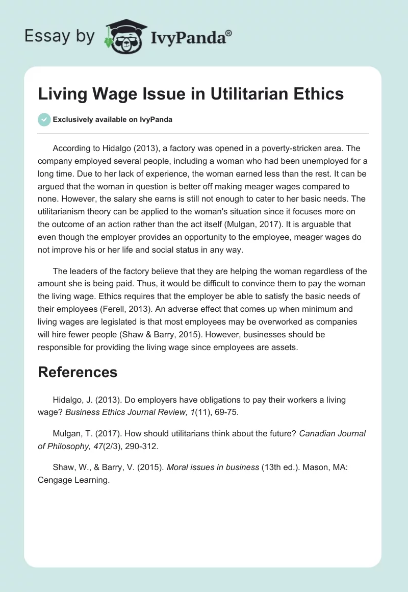 Living Wage Issue in Utilitarian Ethics. Page 1