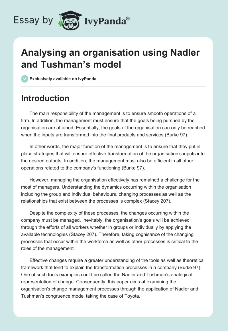 Analysing an organisation using Nadler and Tushman’s model. Page 1
