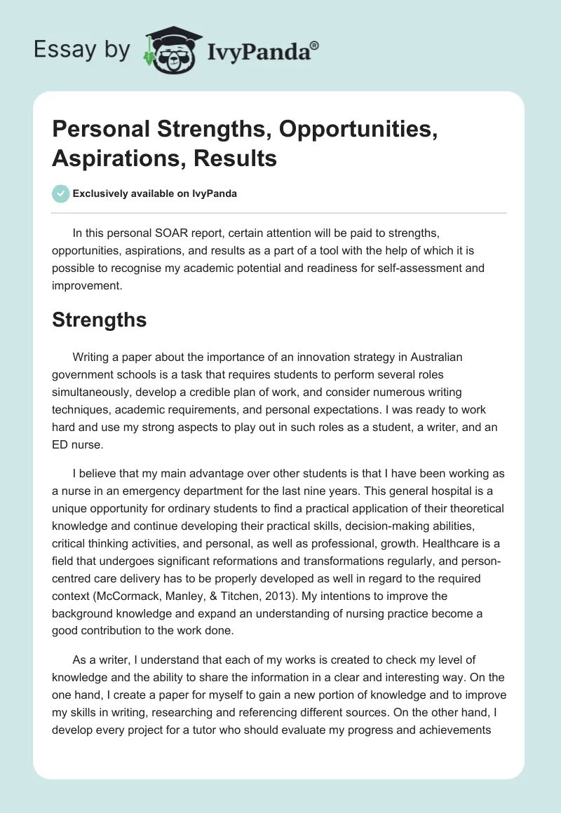 Personal Strengths, Opportunities, Aspirations, Results. Page 1
