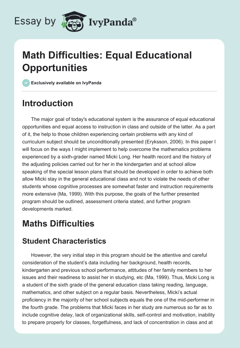 Math Difficulties: Equal Educational Opportunities. Page 1