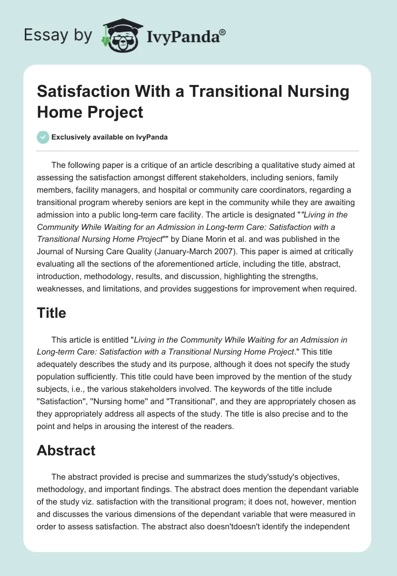 Satisfaction With a Transitional Nursing Home Project. Page 1