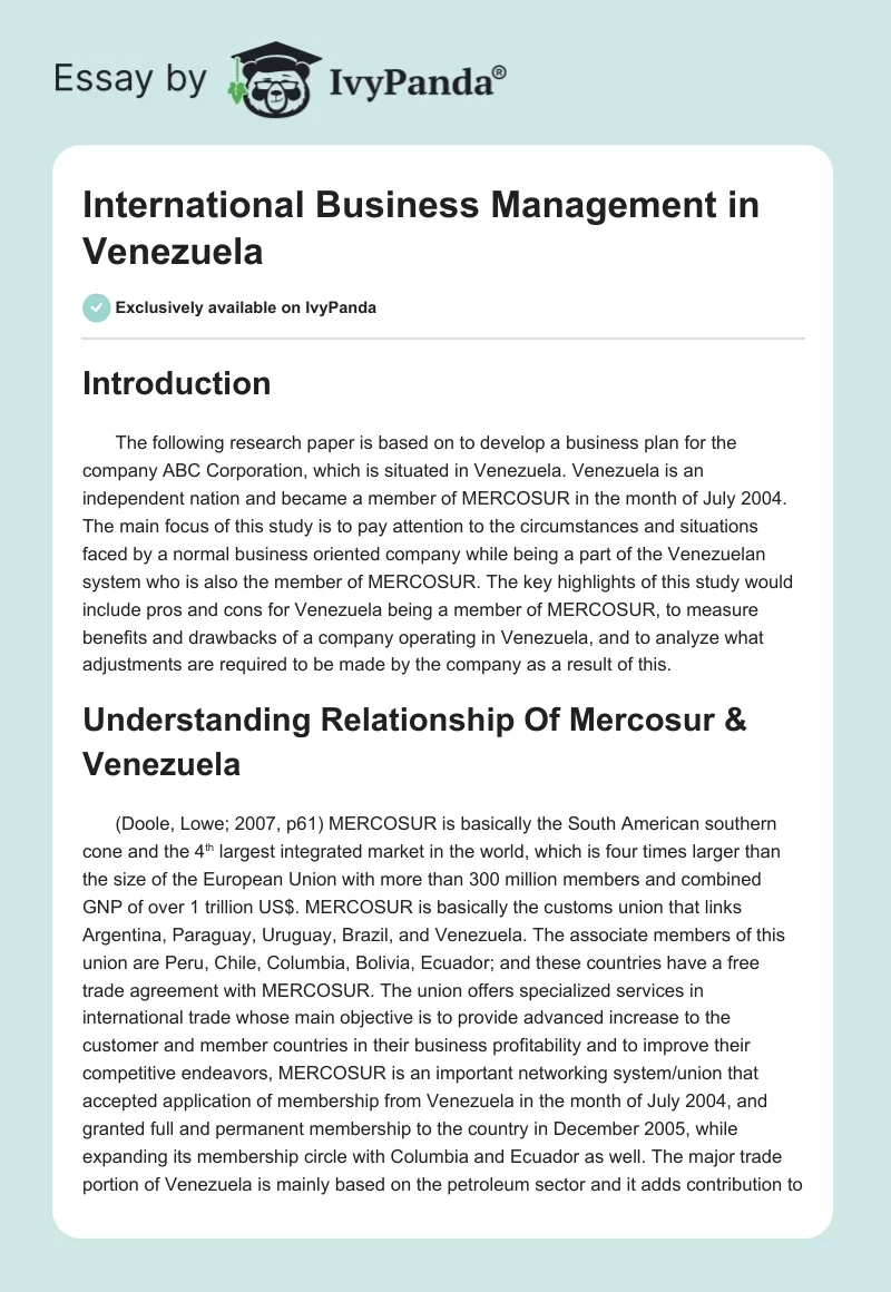 International Business Management in Venezuela. Page 1