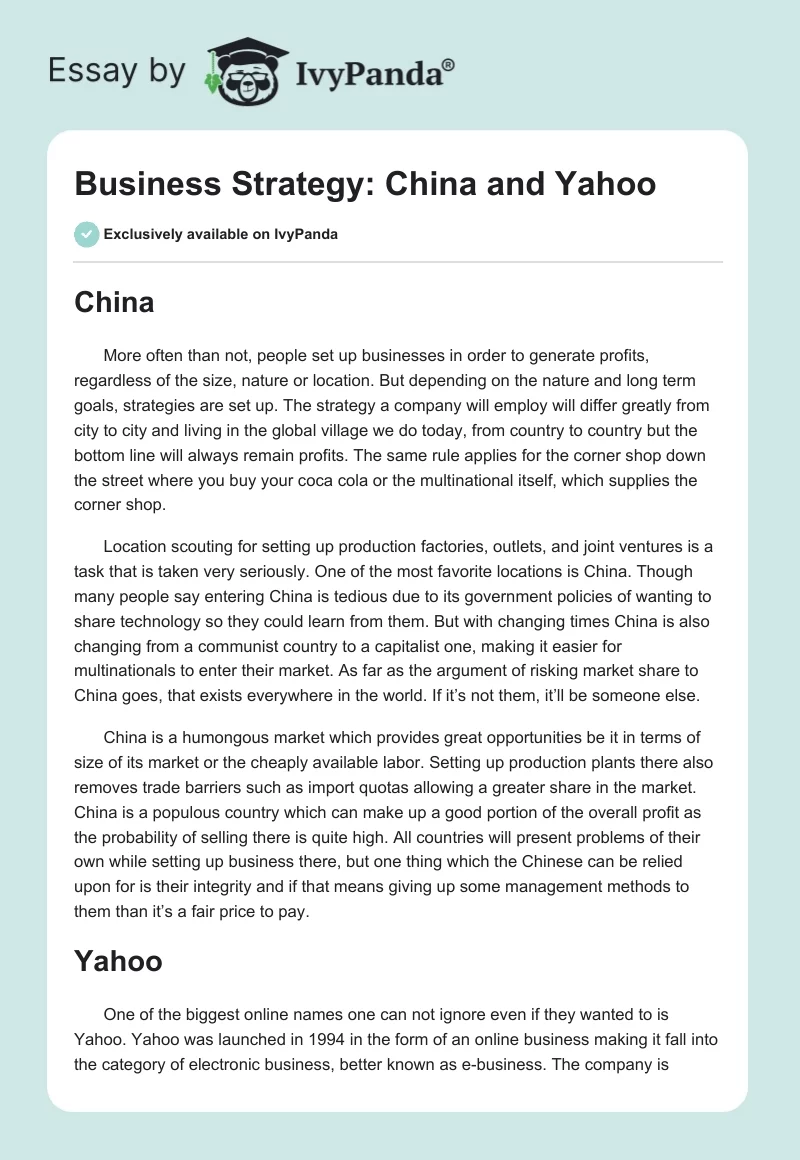 Business Strategy: China and Yahoo. Page 1
