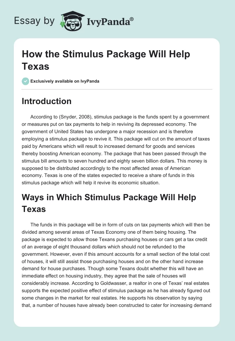 How the Stimulus Package Will Help Texas. Page 1
