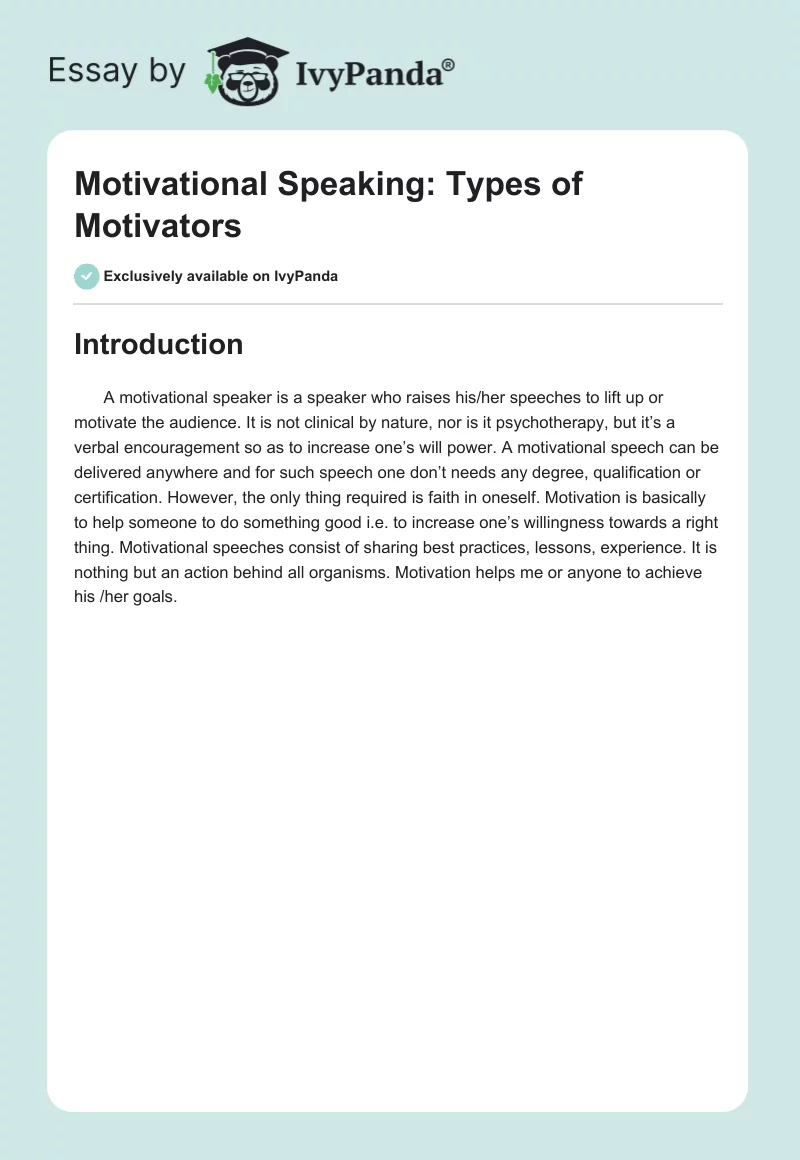 Motivational Speaking: Types of Motivators. Page 1