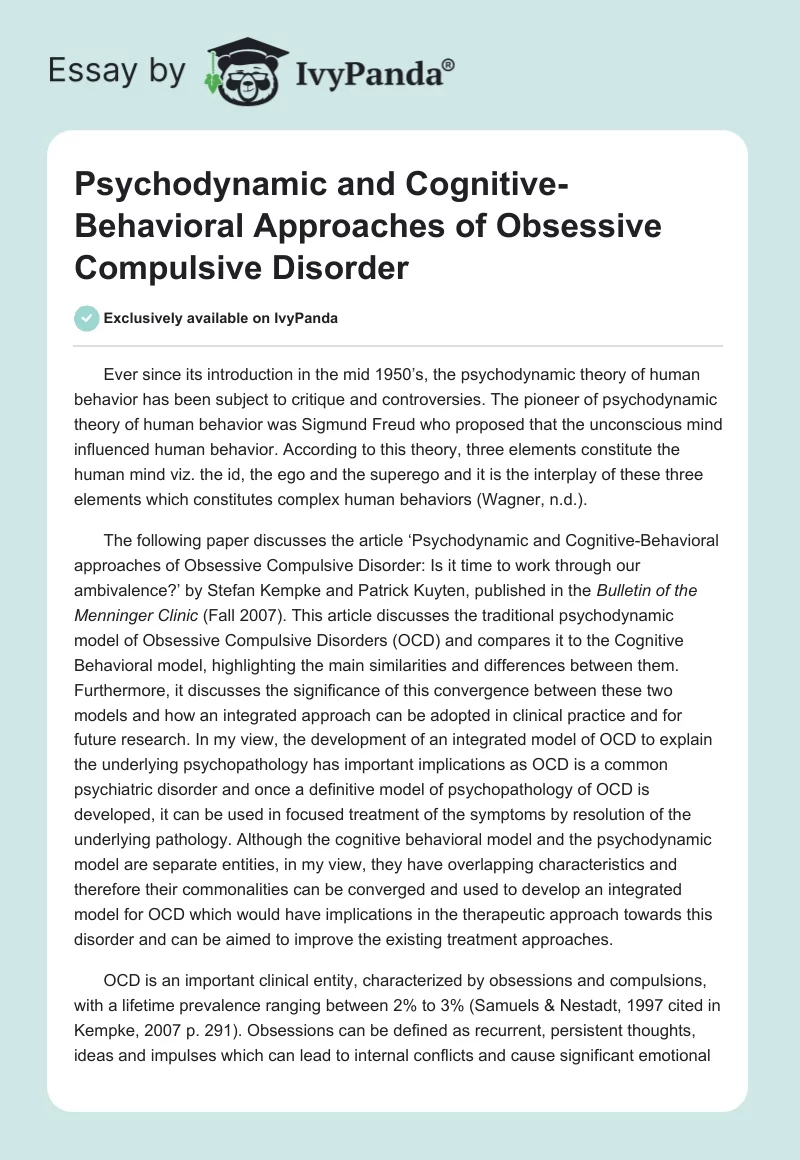 Psychodynamic and Cognitive-Behavioral Approaches of Obsessive Compulsive Disorder. Page 1