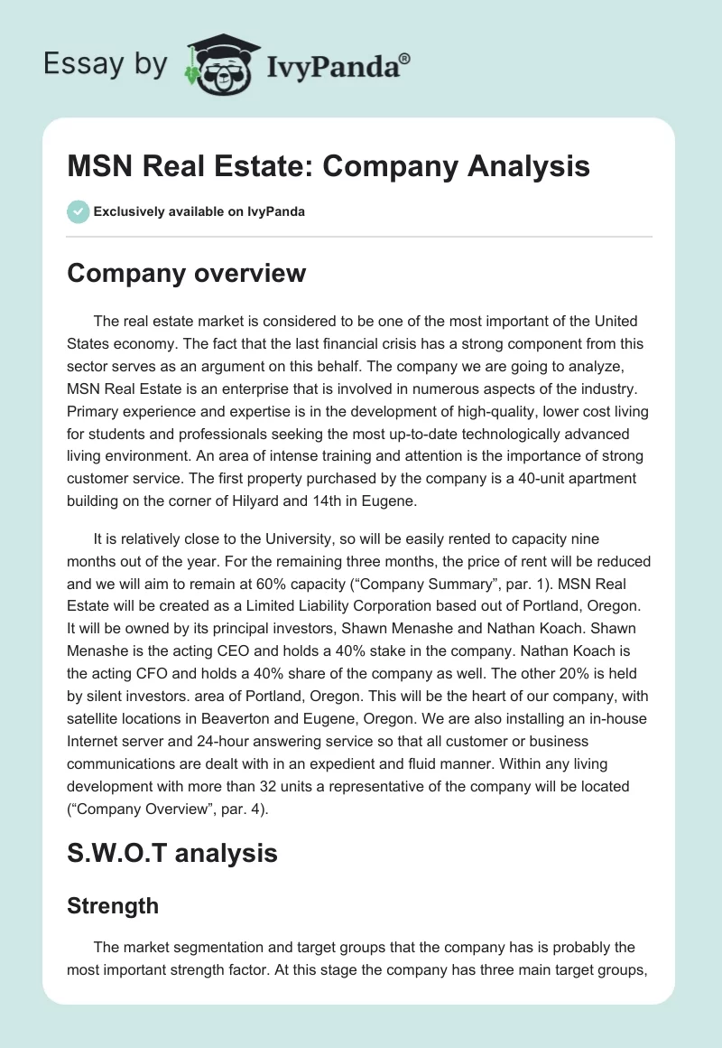 MSN Real Estate: Company Analysis. Page 1
