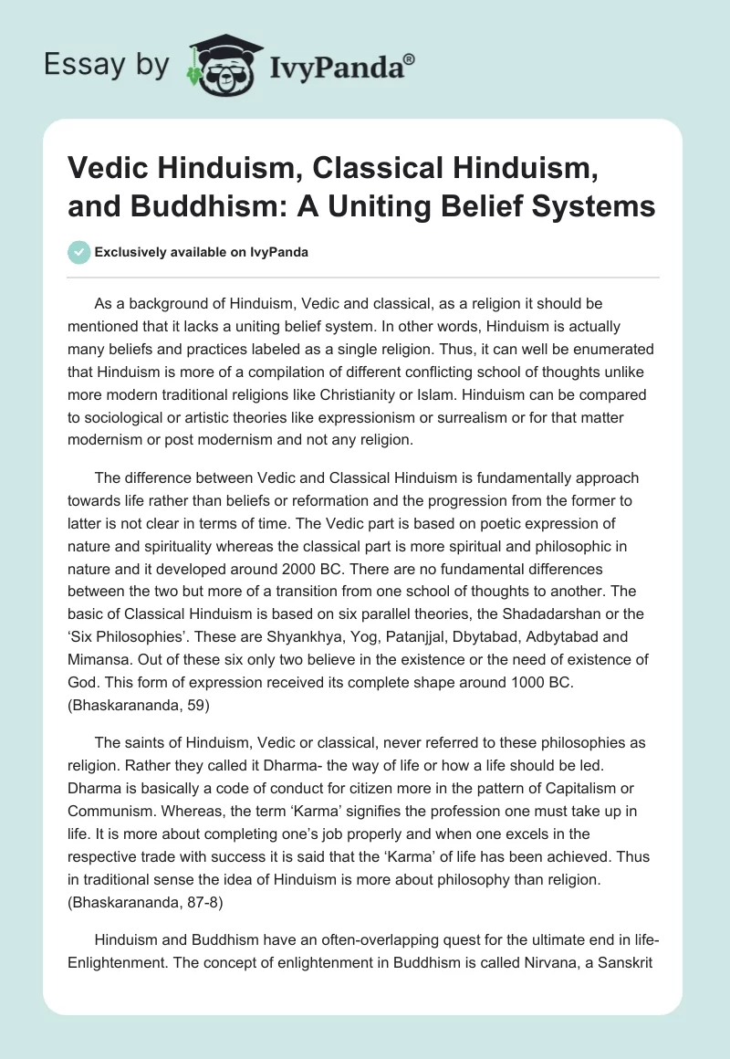 Vedic Hinduism, Classical Hinduism, and Buddhism: A Uniting Belief Systems. Page 1