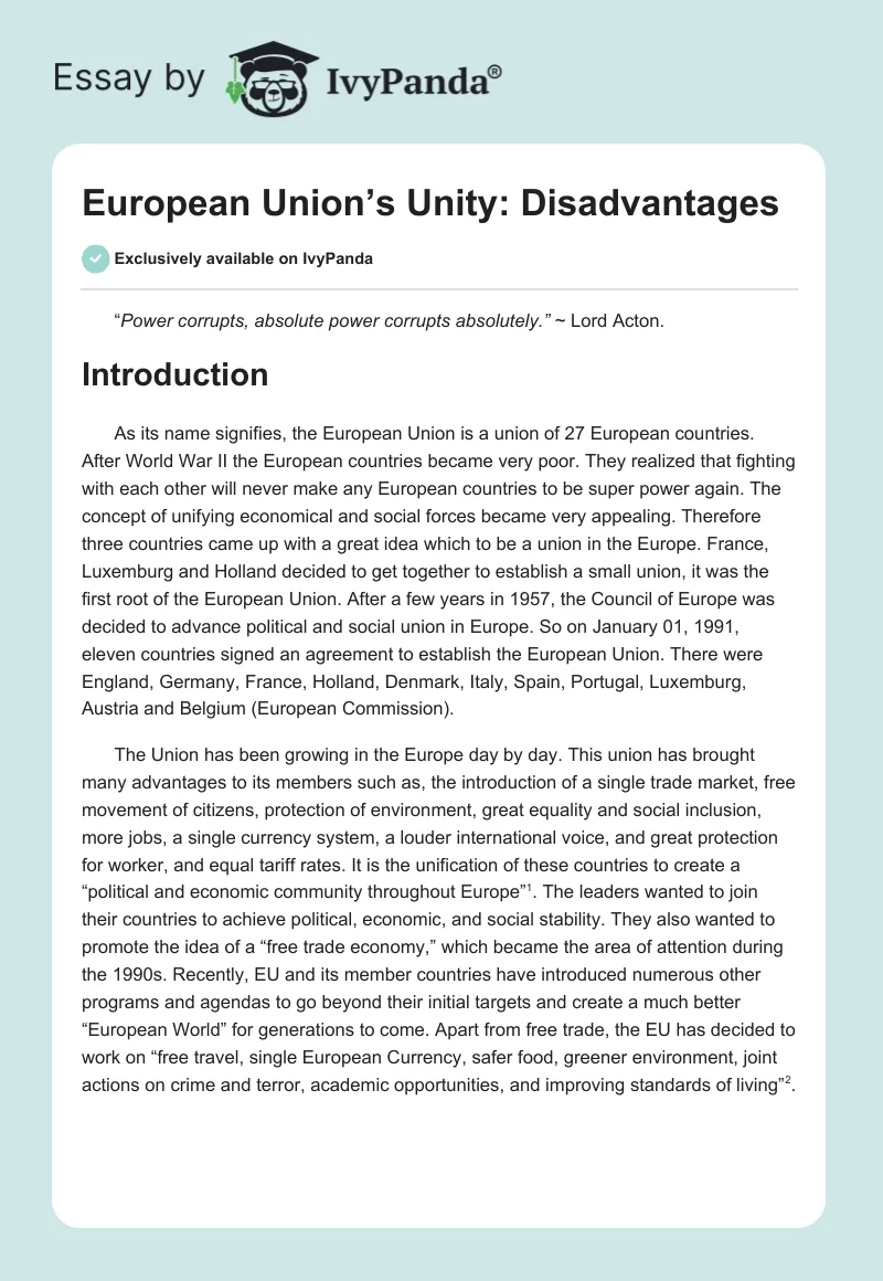 European Union’s Unity: Disadvantages. Page 1