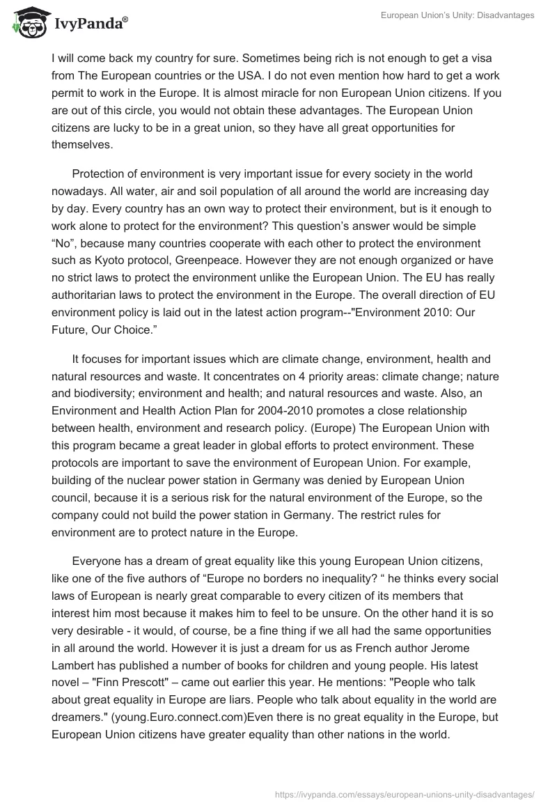 European Union’s Unity: Disadvantages. Page 3
