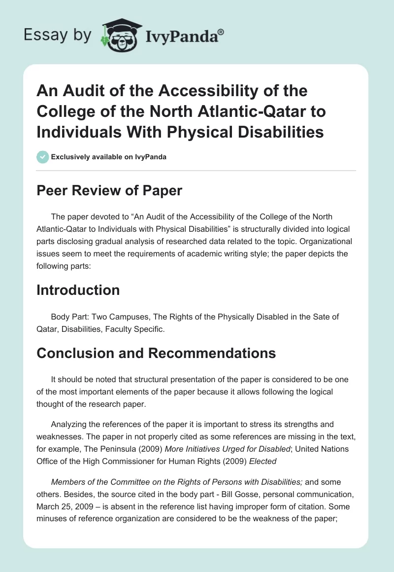 An Audit of the Accessibility of the College of the North Atlantic-Qatar to Individuals With Physical Disabilities. Page 1
