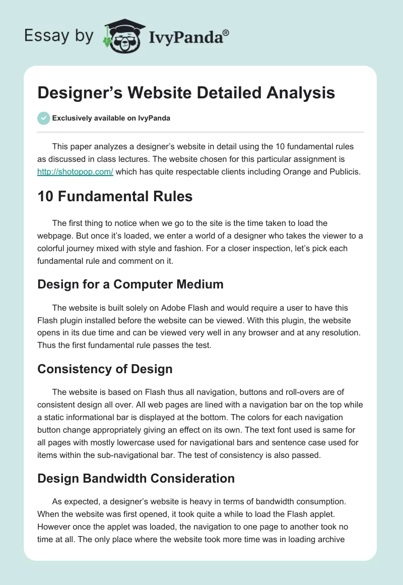 Designer’s Website Detailed Analysis. Page 1