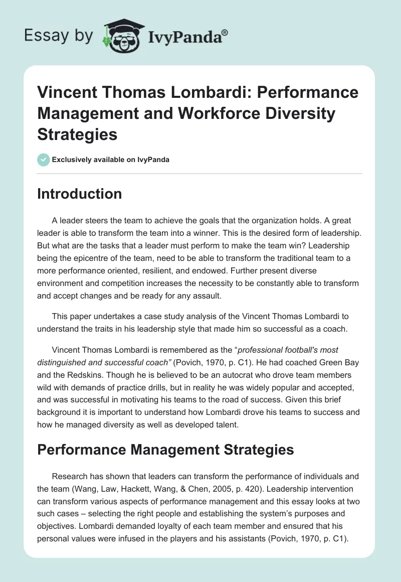 Vincent Thomas Lombardi: Performance Management and Workforce Diversity Strategies. Page 1