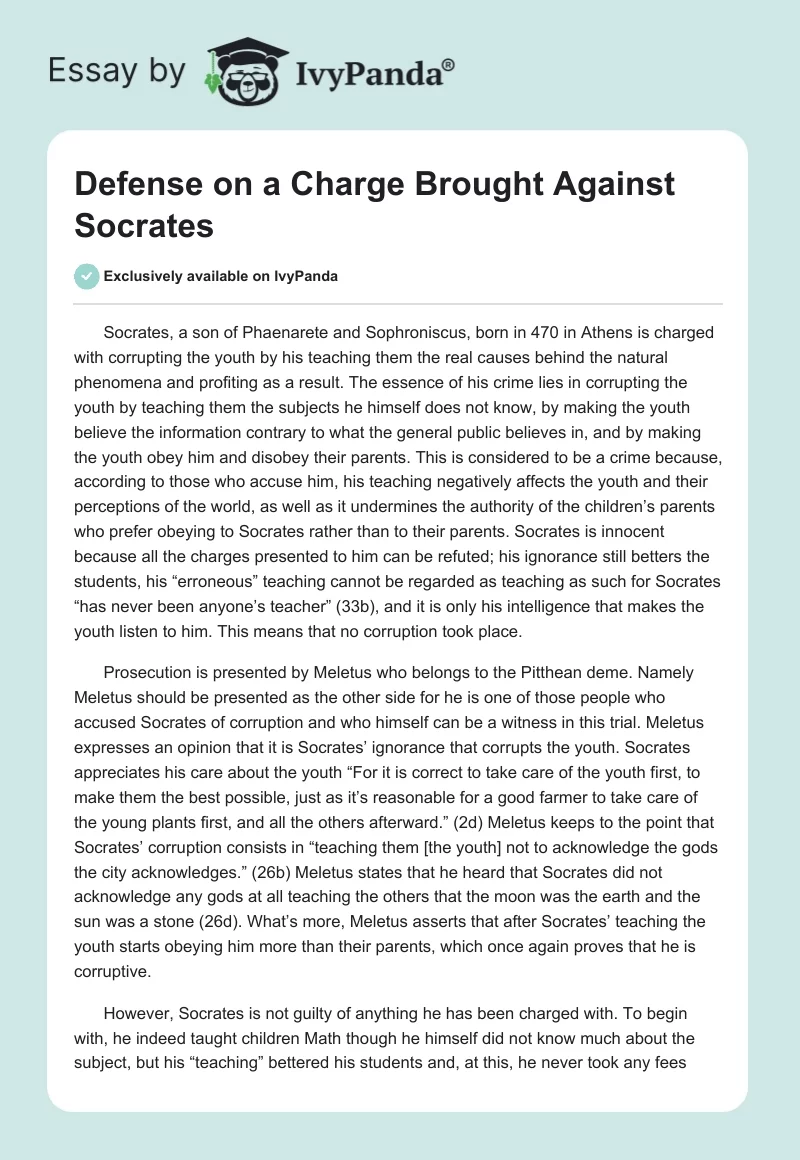 Defense on a Charge Brought Against Socrates. Page 1