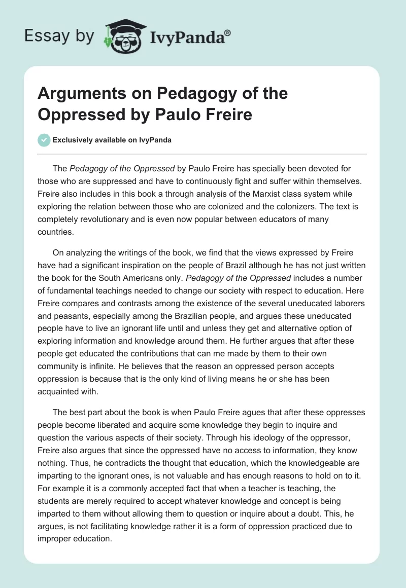 Arguments on Pedagogy of the Oppressed by Paulo Freire. Page 1