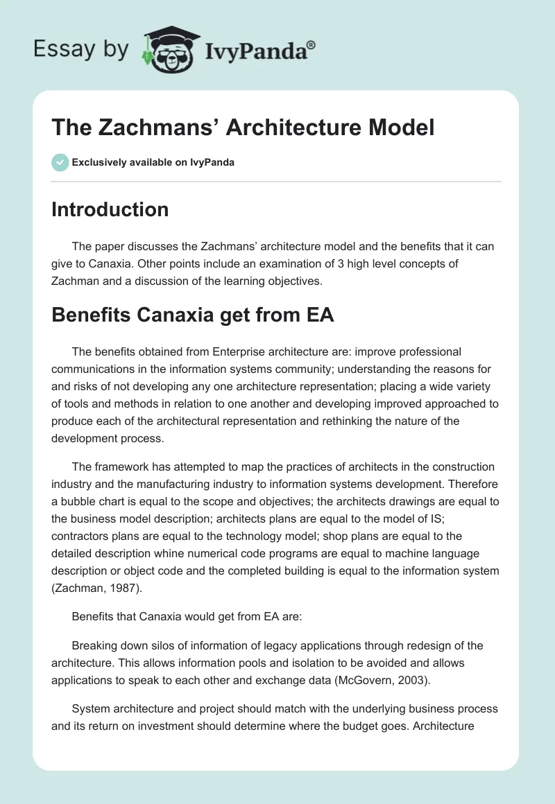 The Zachmans’ Architecture Model. Page 1