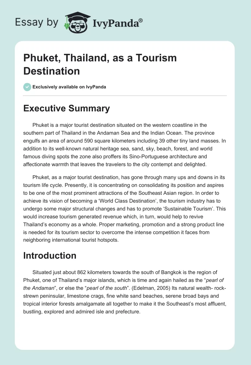 Phuket, Thailand, as a Tourism Destination. Page 1