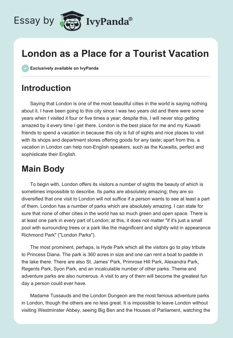London as a Place for a Tourist Vacation. Page 1