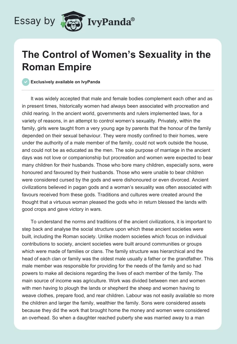 The Control of Women’s Sexuality in the Roman Empire. Page 1