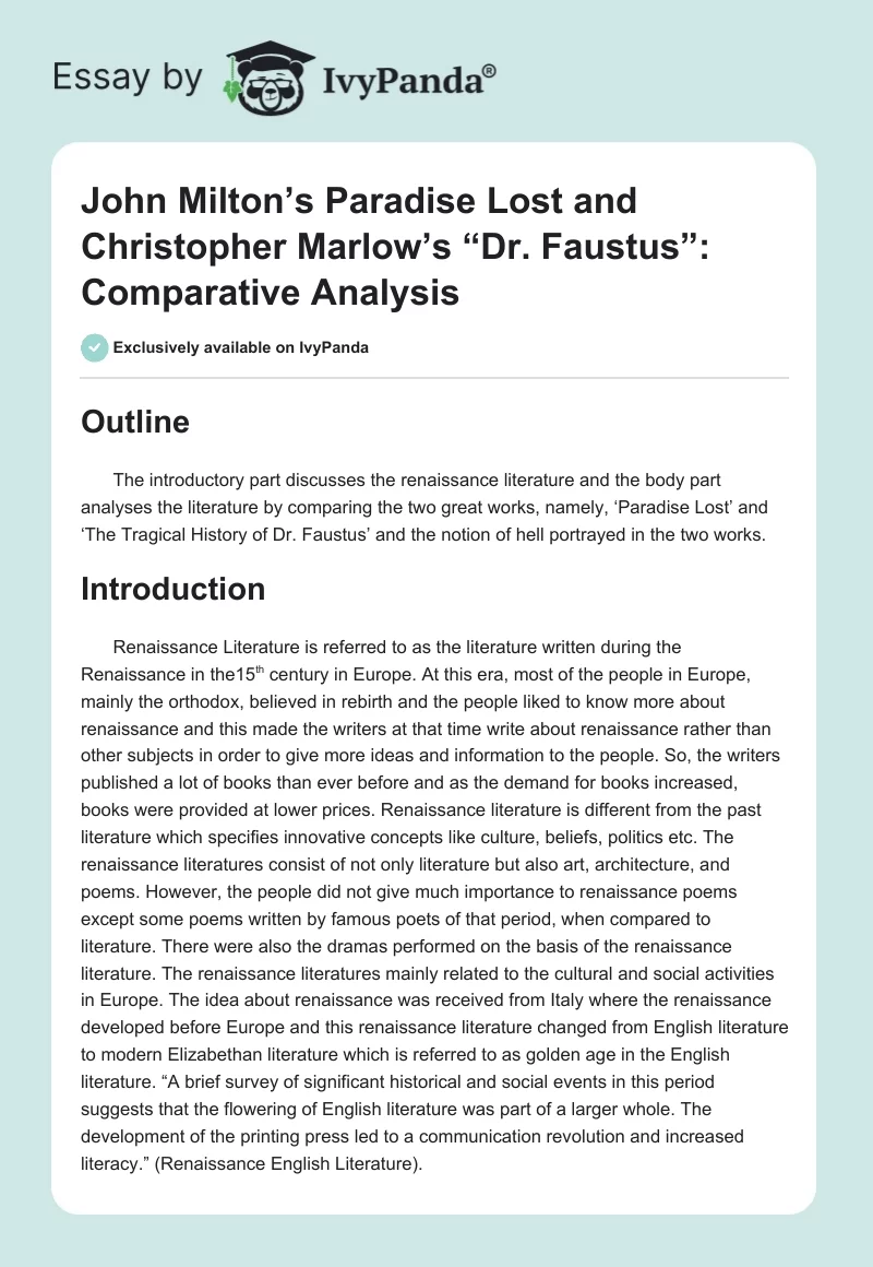 John Milton’s "Paradise Lost" and Christopher Marlow’s “Dr. Faustus”: Comparative Analysis. Page 1