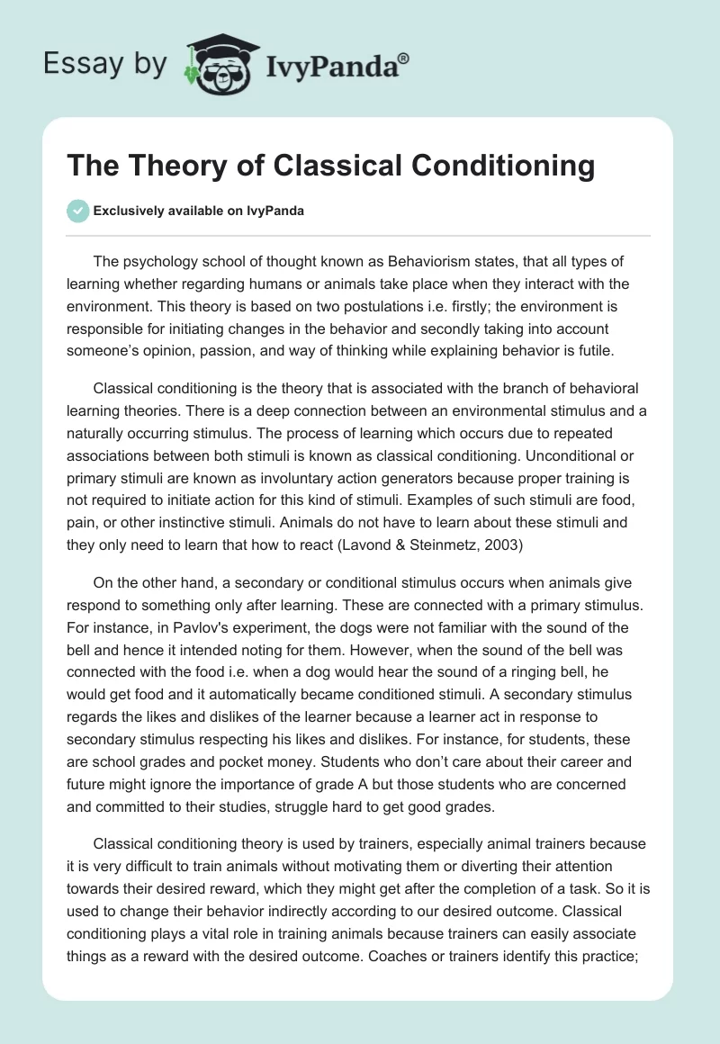 The Theory of Classical Conditioning. Page 1