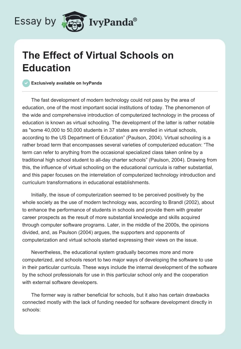 The Effect of Virtual Schools on Education. Page 1