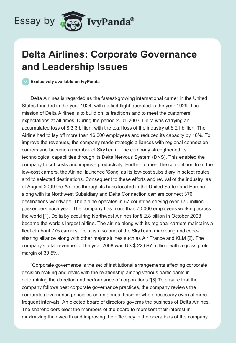 Delta Airlines: Corporate Governance and Leadership Issues. Page 1