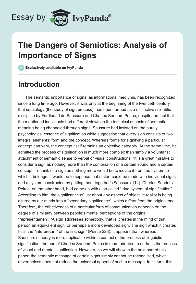 The Dangers of Semiotics: Analysis of Importance of Signs. Page 1
