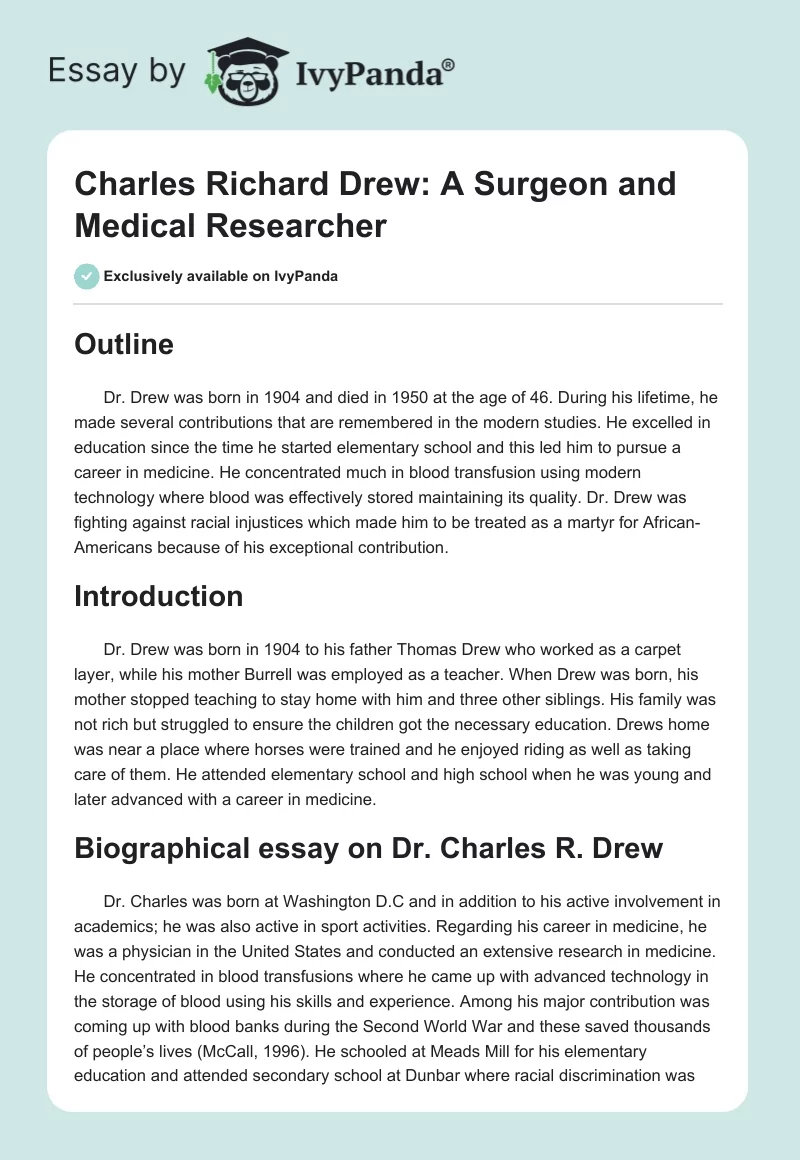 Charles Richard Drew: A Surgeon and Medical Researcher. Page 1