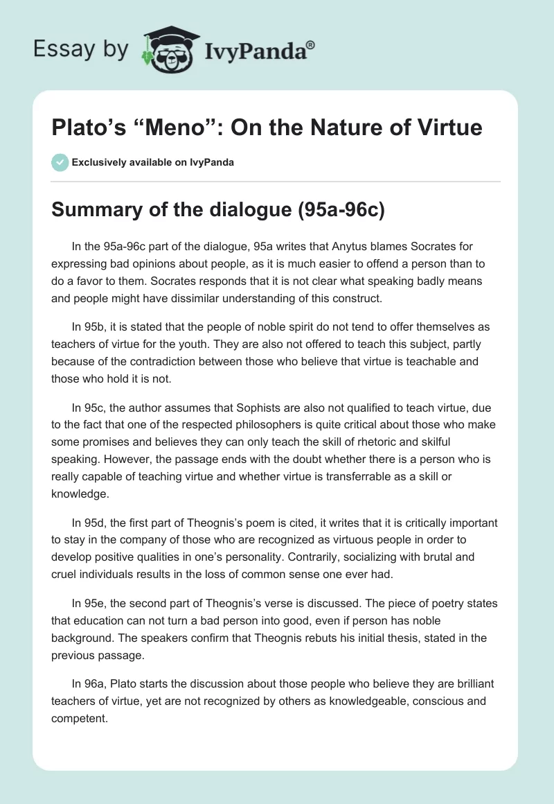 Plato’s “Meno”: On the Nature of Virtue. Page 1