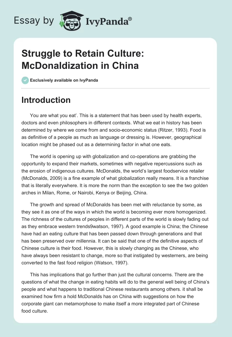Struggle to Retain Culture: McDonaldization in China. Page 1