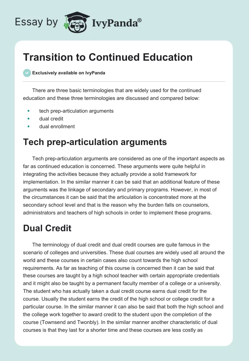 Transition to Continued Education. Page 1