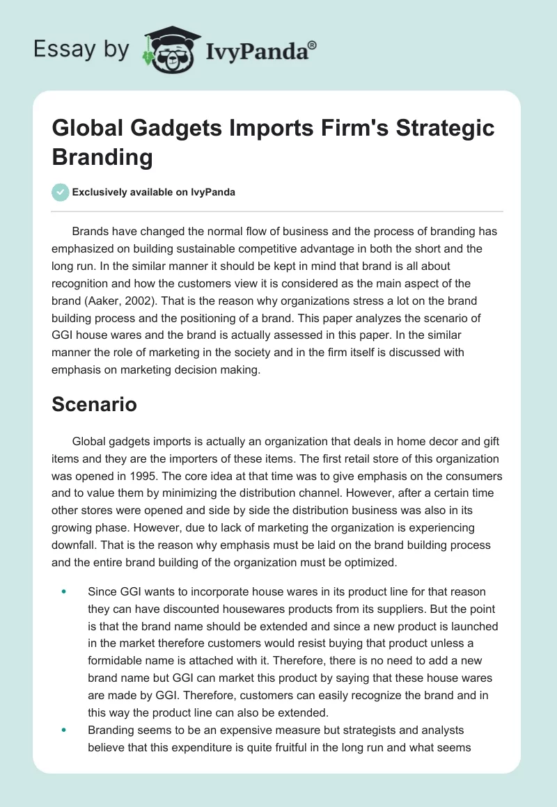 Global Gadgets Imports Firm's Strategic Branding. Page 1