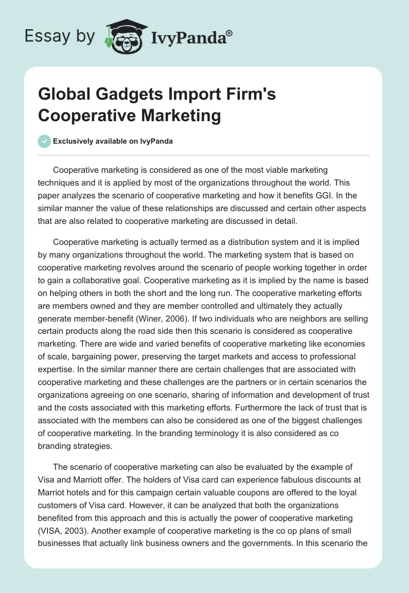 Global Gadgets Import Firm's Cooperative Marketing. Page 1