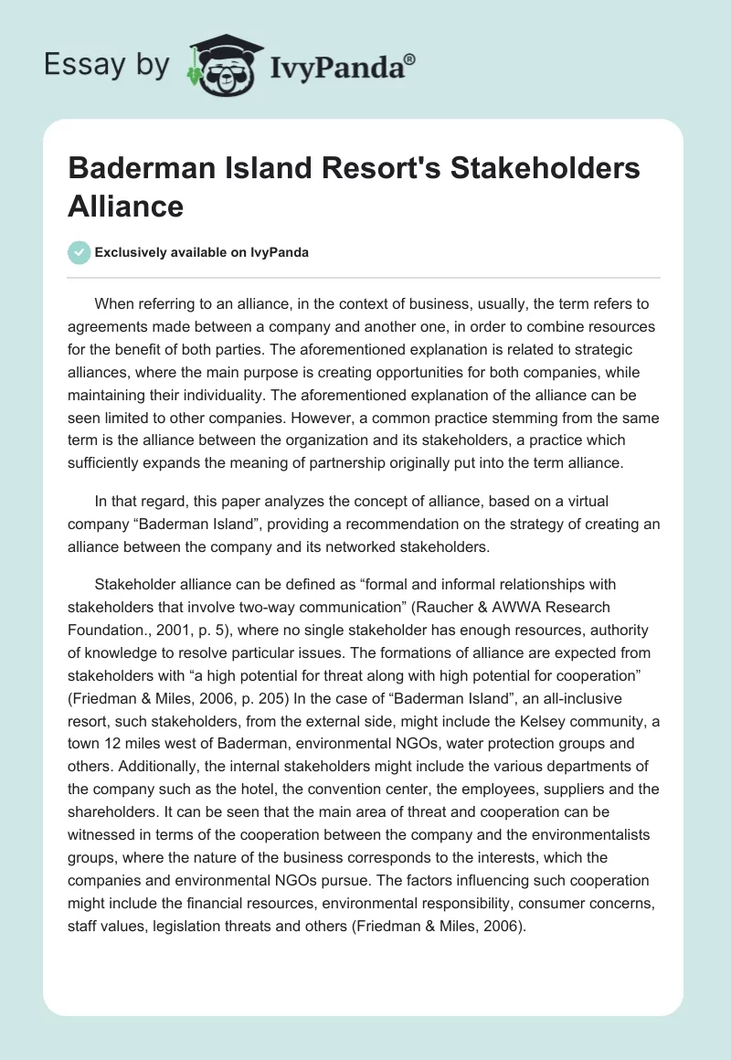 Baderman Island Resort's Stakeholders Alliance. Page 1
