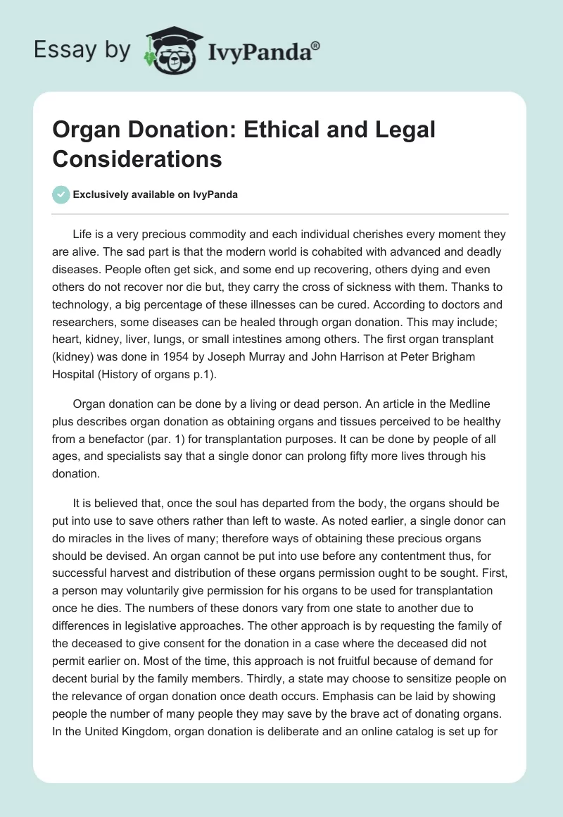 Organ Donation: Ethical and Legal Considerations. Page 1