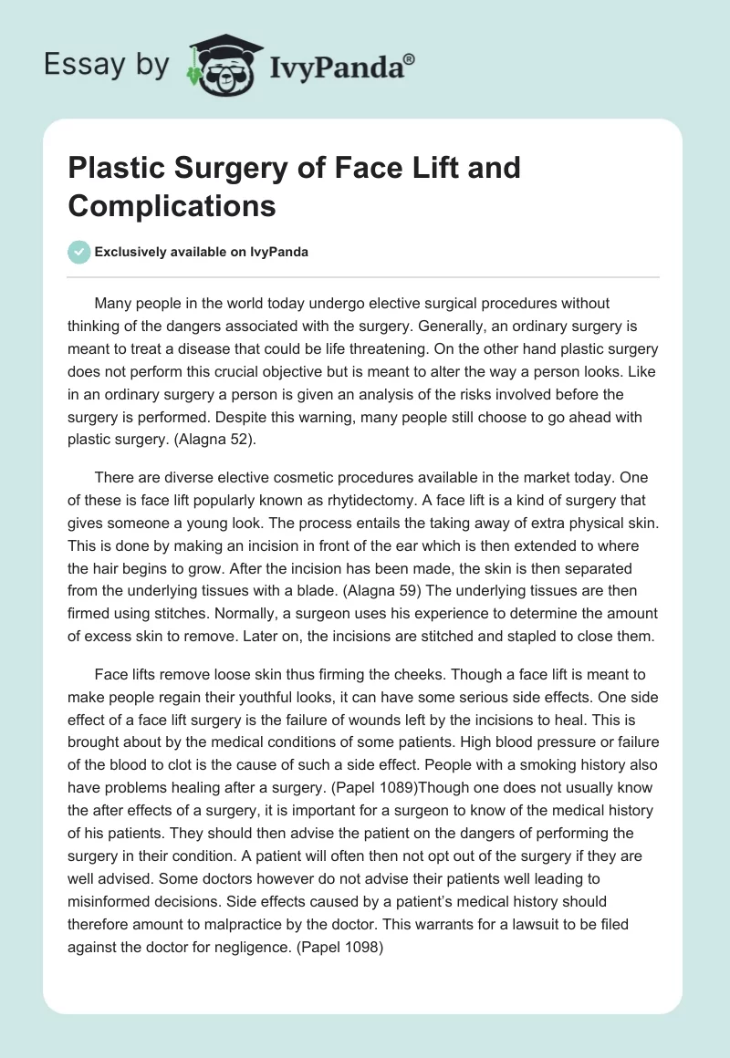 Plastic Surgery of Face Lift and Complications. Page 1