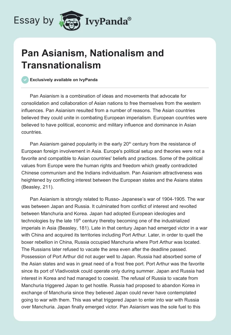 Pan Asianism, Nationalism and Transnationalism. Page 1