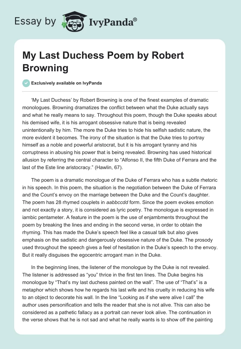 "My Last Duchess" Poem by Robert Browning. Page 1